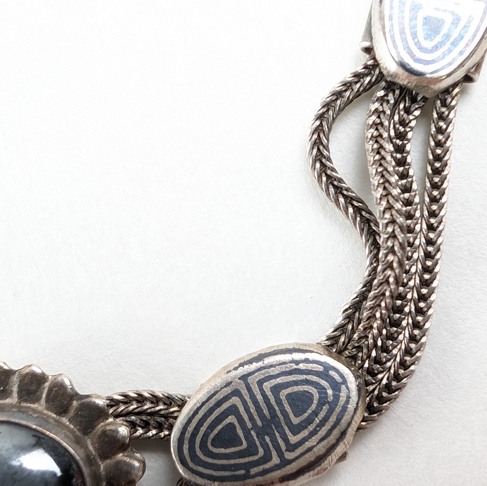 Antique 900 Silver Multi Stand Marcasite Cabochon Bracelet View 6